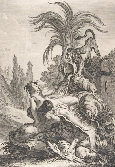 A megrémült Naiad Egy kócos Naiad ijedtében hátrál egy oroszlán láttán, kb. 1740., alkotó: Jean Baptiste Marie Pierre