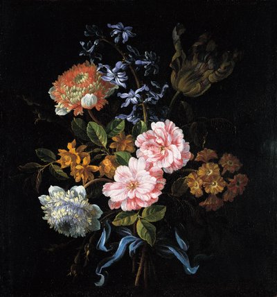 Csokor mákos kökörcsinből, rózsákból, dupla campernelleből, jácintból, tulipánból és b-vel megkötve auricula alkotó: Jean Baptiste Monnoyer
