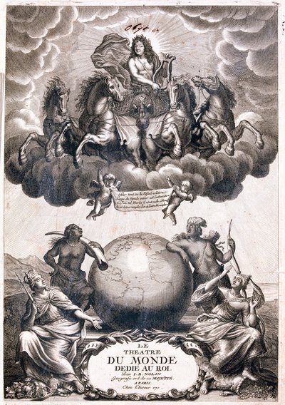 XIV. Lajos portréja, földgömb felett repül, címlap (metszet alkotó: Jean Baptiste Nolin