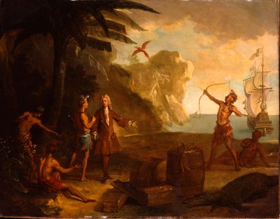 Amerika – Egy európai kereskedő, aki egy hordó dohányért és egyéb árukért tárgyal az indiánokkal, 1724 alkotó: Jean Baptiste Oudry