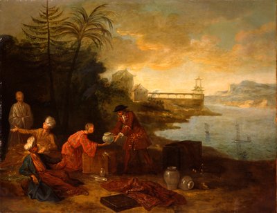 Ázsia – Egy európai kereskedő, aki porcelánt vásárol egy kínai kereskedőtől, 1724 alkotó: Jean Baptiste Oudry