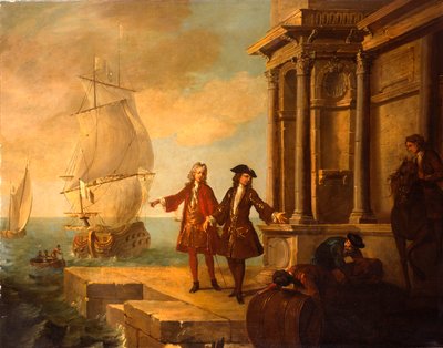 Európa – Európai kereskedők rakodómunkásokkal, akik hordót és bálát kezelnek a rakparton, 1724 alkotó: Jean Baptiste Oudry