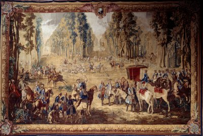 XVI. Lajos vadászatait ábrázoló akasztó: találkozás a királykút kereszteződésénél a Compiegne-erdőben. Jean Baptiste Oudry (1686-1755) kárpitja 1737 V. 4,3x6,55 m Compiegne, musee national du chateau alkotó: Jean Baptiste Oudry