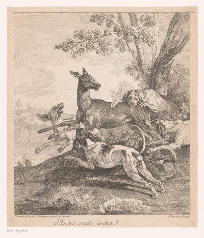 Vadászkutyák megtámadták a szarvast Arrêtés, cruels, arrêtez (...) (cím a tárgyon) Vadászjelenetek (sorozat címe) alkotó: Jean Baptiste Oudry