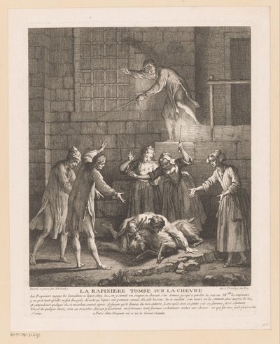 Man valt bovenop een geit La Rapinière ráesik a kecskére (cím a tárgyon) Jelenetek Roman Comique van Scarrontól (sorozat címe) alkotó: Jean Baptiste Oudry