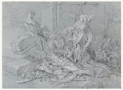 Csendélet hallal és papagájjal alkotó: Jean-Baptiste Oudry