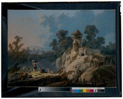 An extensive landscape with herdsman resting with their flocks below a tower alkotó: Jean Baptiste Pillement