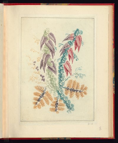 Díszítő design háromszögletű lila és piros levelekkel, az új természetes virágos jegyzetfüzetekből rajzolók és festők számára, 1. sz. alkotó: Jean Baptiste Pillement
