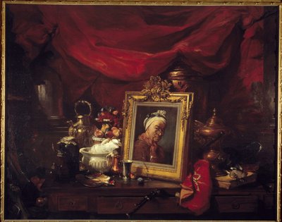 Chardin és modelljei. Táblázat tömbben (abyme). Jean Baptiste Simeon Chardint (1699-1779) ábrázoló festmény csendéleteket vesz körül. Philippe Rousseau (1816-1887) festménye 1867 V. 1,77x2,26 m Párizs, Muse d