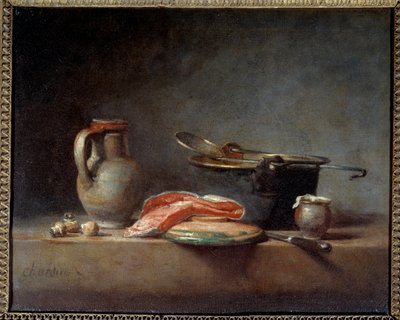 Réz edény, szkimmer, kancsó és szelet lazac. Csendélet. Jean Baptiste Simeon Chardin (1699-1779) alkotó: Jean-Baptiste Simeon Chardin
