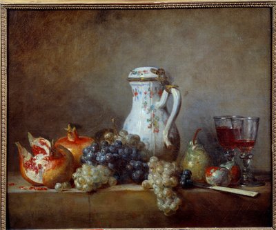 Jean Baptiste Simeon Chardin (1699-1779) festménye szőlőről és gránátokról 1763 V. 0,47x0,57 m - Szőlő és gránátalma. Jean Baptiste Simeon Chardin (1699-1779) festménye alkotó: Jean-Baptiste Simeon Chardin
