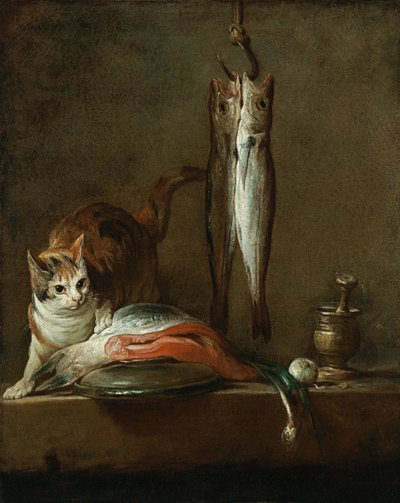 Csendélet macskával és hallal alkotó: Jean Baptiste Simeon Chardin