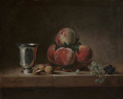 Csendélet őszibarackkal, ezüst serleggel, szőlővel és dióval, 1759-60 körül (olaj, vászon) alkotó: Jean Baptiste Simeon Chardin