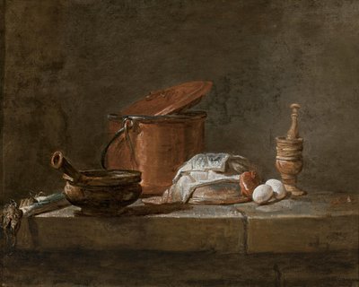 Póréhagyma, egy lábas, egy rézedény és egy fedő, egy hagyma és egy tojás, egy mozsárral és mozsárral, egy kőpárkányon. alkotó: Jean-Baptiste Simeon Chardin