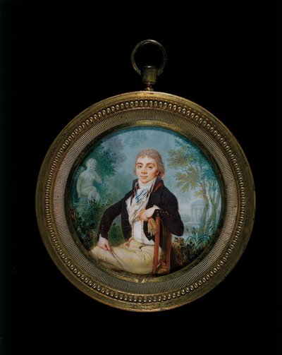 Egy Mr. Videl nevű fiatal úri portré miniatűr, háromnegyed hosszban ülve (aranyozott bronz keret) alkotó: Jean-Baptiste Soyer