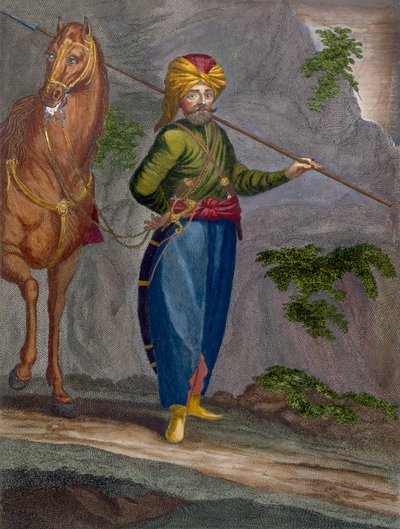 Egy Spahi, 34. tábla Charles de Ferriol „Száz lenyomatának gyűjteményéből, amelyek a Levant különböző nemzeteit ábrázolják”, vésette Gerard Scotin (1671-1716), 1707-08 alkotó: Jean Baptiste Vanmour