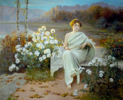 Ókori Róma: "Reverie" Egy fiatal nő ül egy padon egy virágos kertben, tekintete gondolataiba merül. Jean Beauduin (1851-1916) festménye 1901 Magántulajdon. alkotó: Jean Beauduin