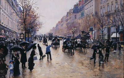Boulevard Poissonière az esőben, 1880 körül (olaj, vászon) alkotó: Jean Beraud