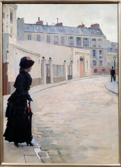 Várakozás, rue de Chateaubriand Párizsban Jean Beraud festménye (1849-1935) alkotó: Jean Beraud