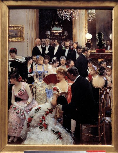 Este. Jean Beraud (1849-1936) festménye. Homályos. 0,35x0,27 m. Párizs, Musee Carnavalet – The Soiree. Olaj, fa, 0,35 x 0,27 m. Párizs, Musee Carnavalet. alkotó: Jean Beraud