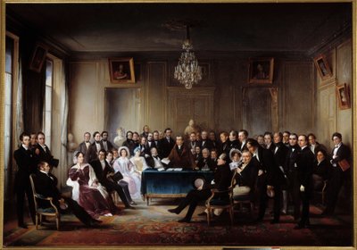 Francois Guillaume Andrieux költő és drámaíró Junius Brutus „” című tragédiáját olvassa fel a Comedie Francaise előcsarnokában 1828.05.26-án” Az ajándékok között Alexandre Dumas, Pierre Nicolas Michelot, Jean Francois Becquerel, Firmin, Victor Hugo, Eugene alkotó: Jean Beraud