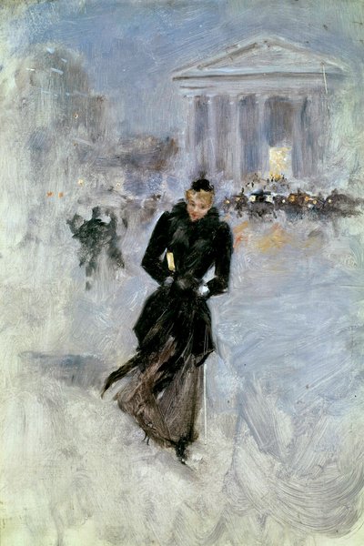 Fiatal, elegáns nő a boán a párizsi rue Royale-ban Jean Beraud festménye (1849-1935) 20. századi Tours, Musee des Beaux Arts alkotó: Jean Beraud