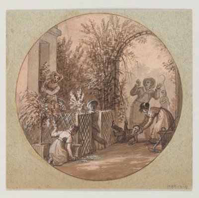 Festett porcelántányér tervezése, kerti jelenet a Service de la Culture des Fleurs-től (Virágtermesztési Szolgálat) alkotó: Jean Charles Develly
