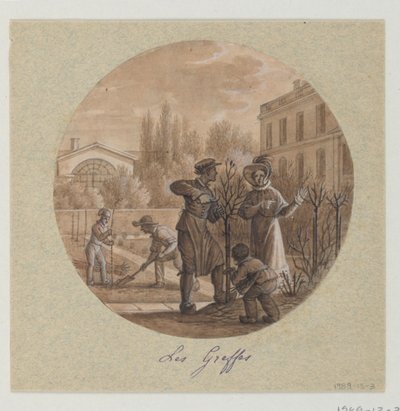 Festett porcelántányér terve, Les Greffes (oltványok) a Service de la Culture des Fleurs-től (Virágtermesztési Szolgálat) alkotó: Jean Charles Develly