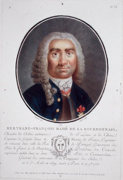 Bertrand-Francois Mahe de la Bourdonnais (1699-1753) a „Franciaországi nagy férfiak, jeles nők és emlékezetes alanyok portréiból”, Ride metszete, 1787-92 (színes litho) alkotó: Jean Claude (after) Naigeon