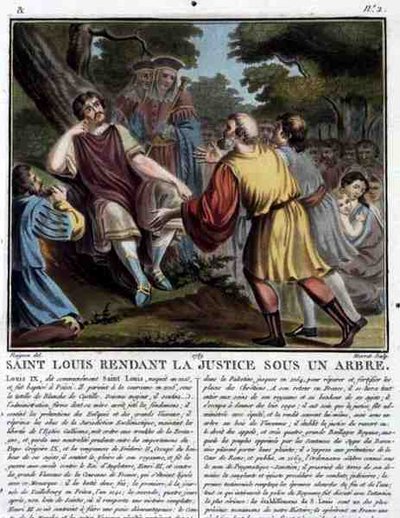 Saint Louis (1215-70) igazságot szolgáltat egy fa alatt, vésette: Jean Baptiste Morret (fl. 1790-1820) 1789 (színes metszet) alkotó: Jean Claude (after) Naigeon