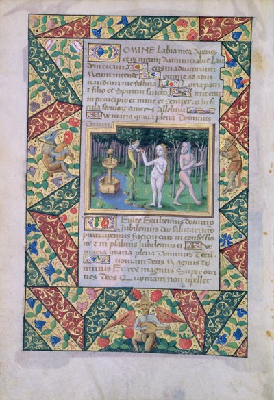 Ms Lat. Q.v.I.126 fol.12v A kísértés az Éden kertjében, Louis dOrleans óráinak könyvéből, 1490 alkotó: Jean Colombe