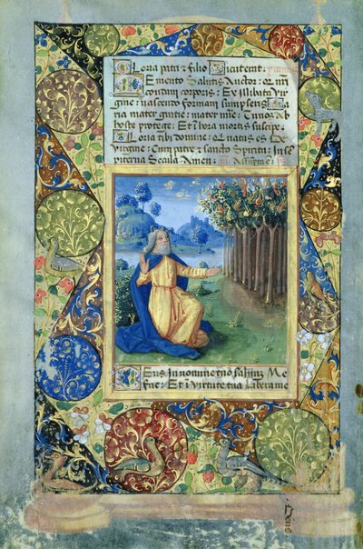 Ms. Lat. Q.v.I.126 fol.25v Mózes az égő bokor előtt, Louis dOrleans óráinak könyvéből, 1490 alkotó: Jean Colombe