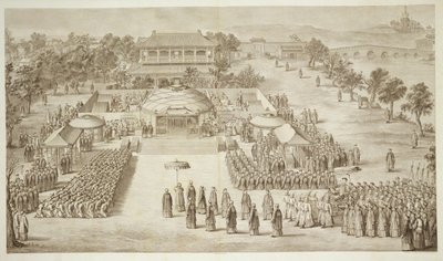 Qianlong császár megkapja a hódító eleuthok (tatár kalmuckok) 2. tábláját a kínai császár hódításait ábrázoló nyomatsorozatról, amelyet Jacques Philippe Le metszett. alkotó: Jean Denis Attiret