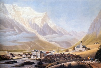 Chamonix völgye és a Mont-Blanc hegység, 1810 körül (metszet) alkotó: Jean Dubois