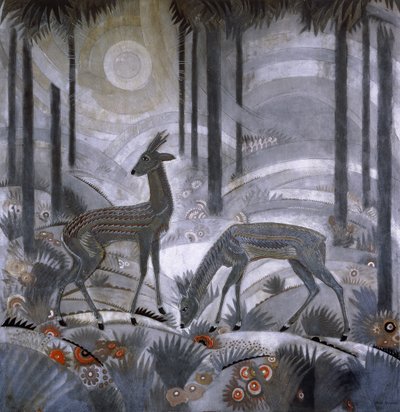 Két szarvas az erdőben, 1929 körül (lakkozott fa panel) alkotó: Jean Dunand