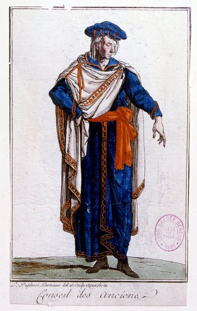 A Directoire egyik tagjának egyenruháját ábrázoló illusztráció, Directory alkotó: Jean Duplessi-Bertaux