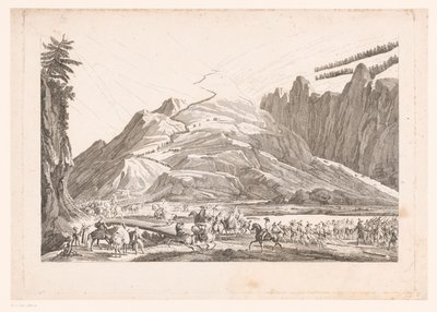 Hegyi táj utazó lovassággal (cím a tárgyon) alkotó: Jean Duplessis Bertaux (attributed to)