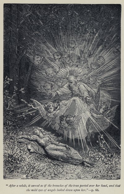 "Egy idő után úgy tűnt, mintha a fák ágai szétváltak volna a feje fölött, és az angyalok szelíd szemei néztek le rá" (metszet) alkotó: Jean Edouard Dargent