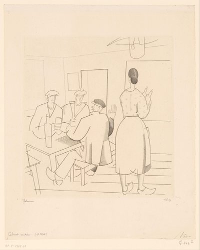 Kávézó belső ügyfelekkel és pincérnővel Cabaret vendéen (cím a tárgyon) alkotó: Jean Emile Laboureur (signed by artist)