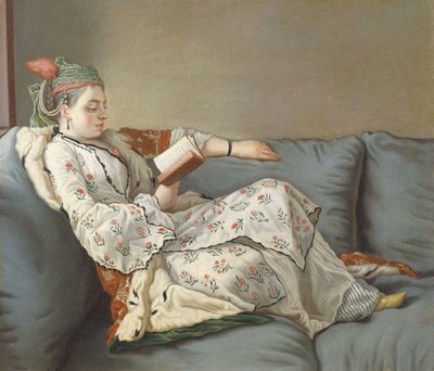 La Sultane Lisant", Egy török kosztümös hölgy olvas a díván, alkotó: Jean Étienne Liotard
