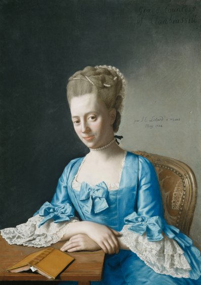 Grace, Clanbrassil grófnőjének portréja, szül. Foley, félhosszú, kék ruhában, asztalnál ül, keresztbe tett kézzel, 1774 alkotó: Jean Étienne Liotard