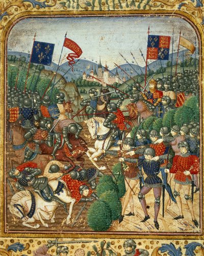 Azincourt-i csata (1415). A százéves háború alatt az angol V. Henrik legyőzte a francia Armagnacs párt – Jean Fouquet „Grandes Chronicles de France”-jában, 1467-1476 körül. Victoria & Albert Könyvtár alkotó: Jean Fouquet