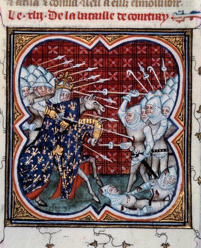 Kortrijki csata IV. Bel Fülöp (1268-1314) és a flamandok között úgynevezett aranysarkantyús csata 1302/07/11. Miniatúra Jean Fouquet (1420-1481) "Les grandes chronicles de France" című művéből, 15. század. Párizs, B.N. alkotó: Jean Fouquet