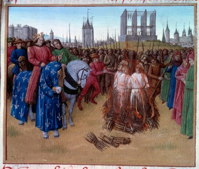 Az amauriciusok (Amaury de Chartres, a 12. századi francia filozófus és teológus támogatói) elítélése és kínzása Philip Auguste (1165-1223) néven ismert II. Fülöp jelenlétében. "" Grandes Chronicles de France "" kézirat (Folio 236 alkotó: Jean Fouquet
