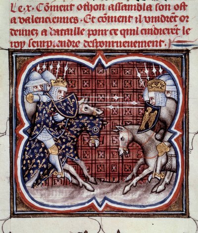 Francia-angol háború (1202-1214): a bouvines-i csata 1214. július 27-én Philippe Auguste francia hadserege és IV. Othon flamandjai és welfjei között. A francia győzelem meghatározó volt a háború kimenetelében. Miniatűr a „Franciaország nagy krónikáiból” b alkotó: Jean Fouquet