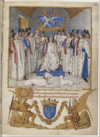 A Szent Mihály-rend statútumának címlapképe, amely XI. Lajosnak készült. alkotó: Jean Fouquet