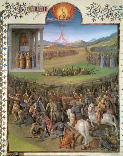Ms Fr 247 f.70 A héberek csatája a kánaániták ellen, valamint Korah és a lázadók büntetése, illusztráció az „Antiquites Judaiques” című könyvből, 1470 körül alkotó: Jean Fouquet