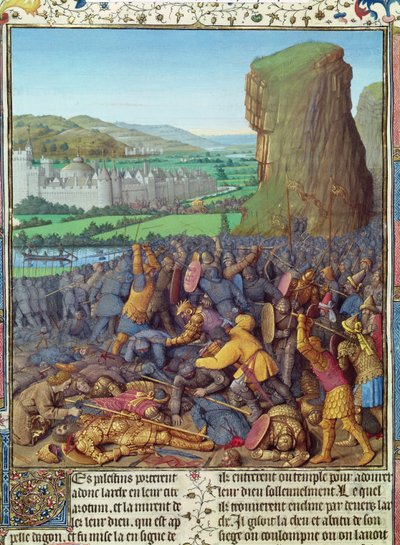 Ms Fr 247 fol.110 Az izraeliták győzelme a filiszteusok felett, illusztráció az "Antiquites Judaiques"-ból, 1470 körül. alkotó: Jean Fouquet