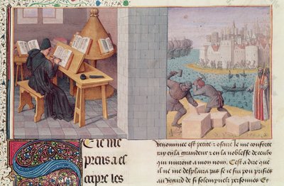 Ms.fr.273 fol.7 Livius (Kr. e. 59-Kr. e. 17) Írás és Róma alapítása, a "Római nép évkönyvei"-ből, Pierre Bersuire fordításában, 1475 körül alkotó: Jean Fouquet