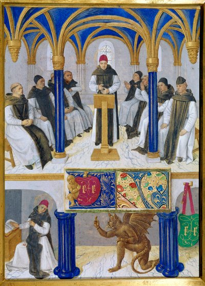 Clairvaux-i Szent Bernát (San Bernardo di Chiaravalle) (1090-1153) tanár és sátra ábrázolása az ördög által Miniatűr Jean Fouquet (1420-1477/1481) „Etienne Chevalier óráinak könyvéből” alkotó: Jean Fouquet